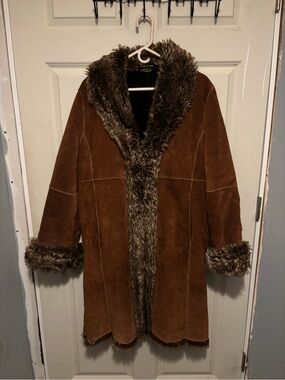 Wilsons Leather Brown Suede Trench Coat with Faux-Fur Trim